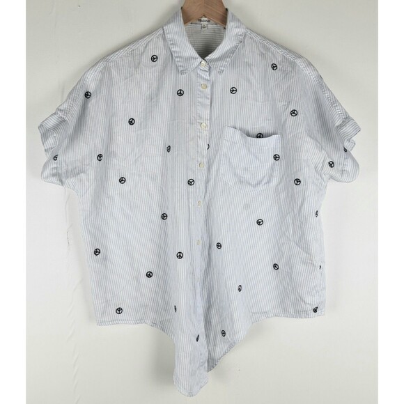 Madewell Button Up Shirt Womens Size S White Short Sleeve Collar Peace Sign - Picture 1 of 10